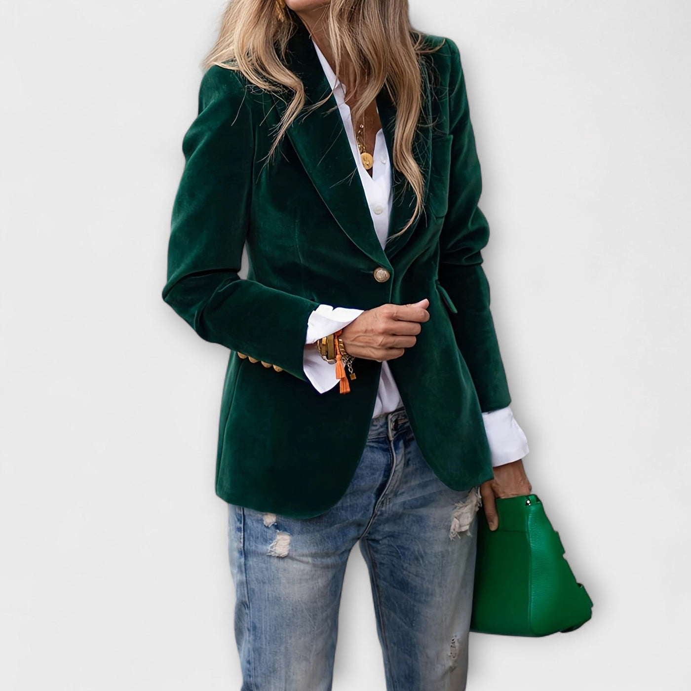 Ally – Velvet Blazer with Luxe Gold Details