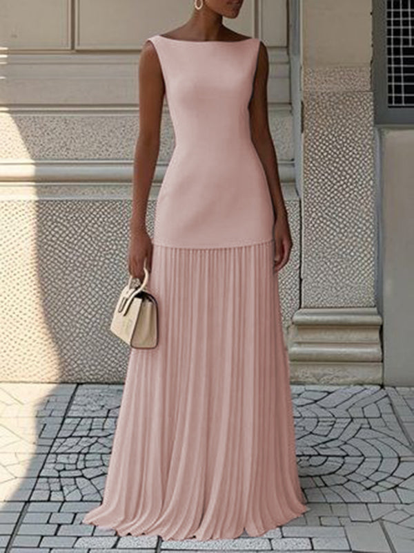 Bella | Sleeveless Pleated Boat Neck Maxi Evening Dress