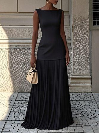 Bella | Sleeveless Pleated Boat Neck Maxi Evening Dress