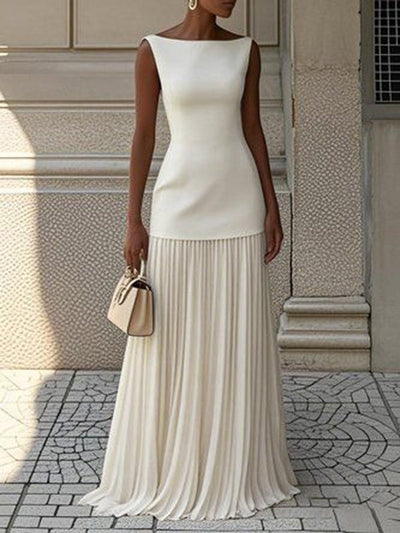 Bella | Sleeveless Pleated Boat Neck Maxi Evening Dress