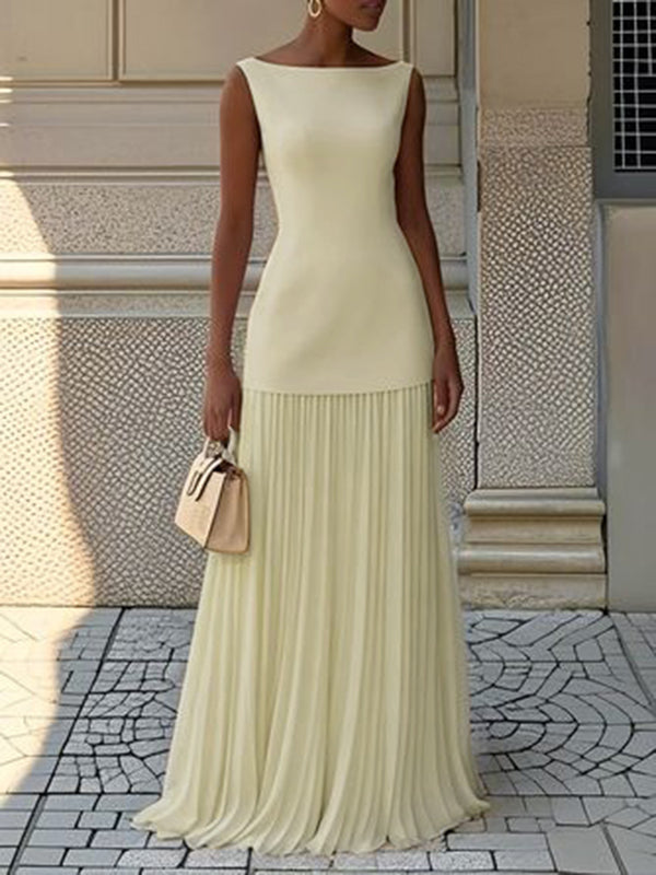 Bella | Sleeveless Pleated Boat Neck Maxi Evening Dress
